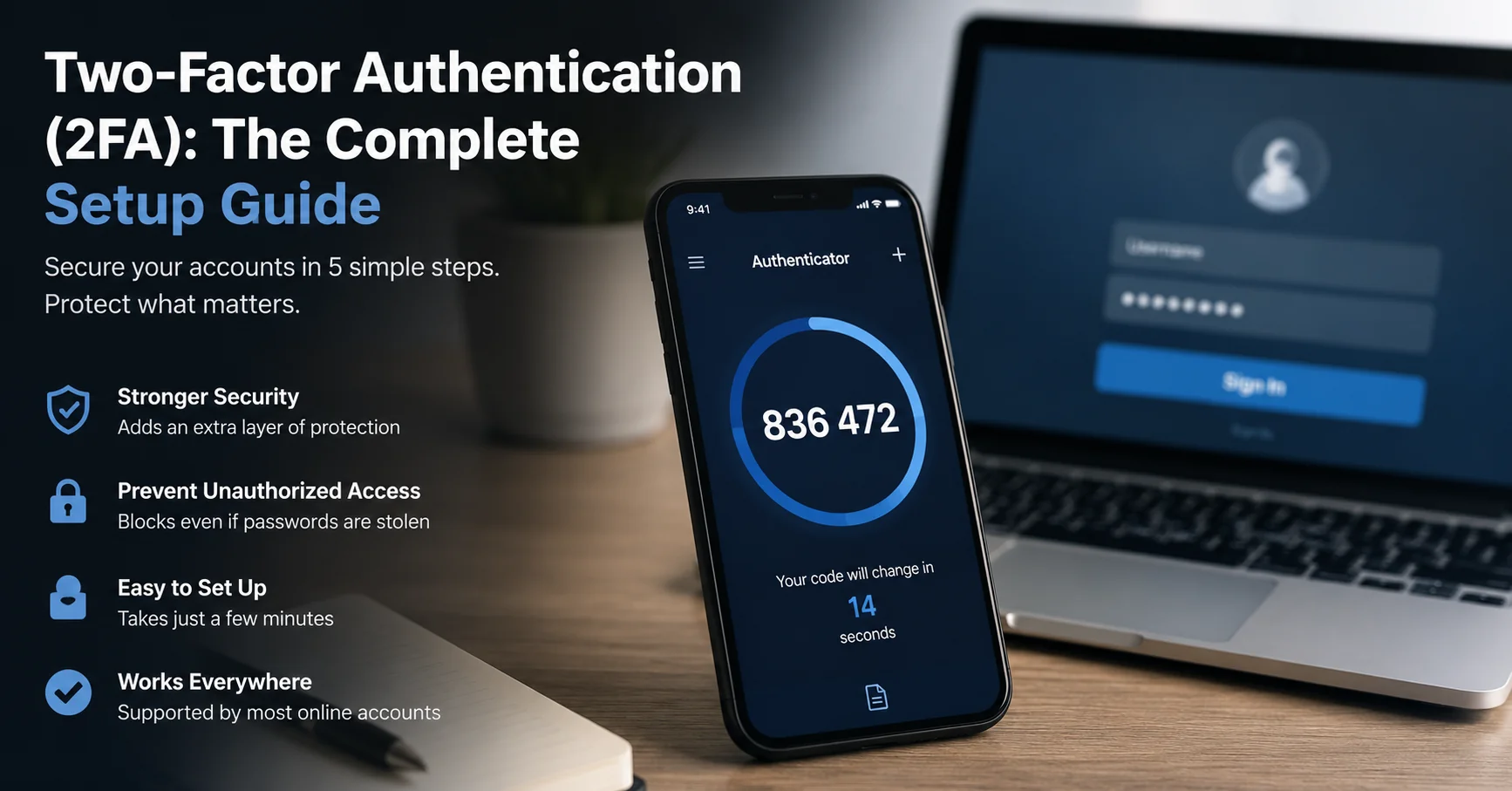 How to Set Up Two Factor Authentication: 5 Easy Steps 1 Phone showing a rotating code for two factor authentication setup next to a laptop login screen
