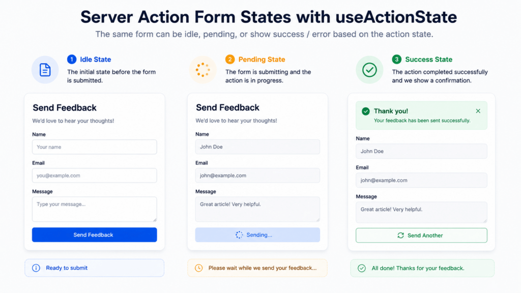 The three states a Server Action form can show: idle, pending, and success