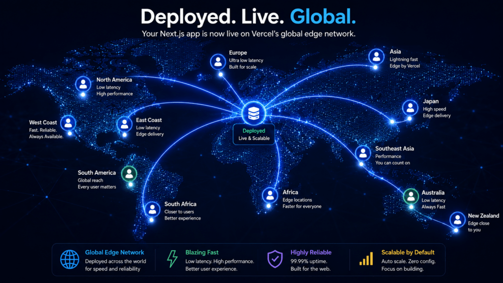 Deploy Next.js to Vercel: 4 Easy Steps for a Smooth Launch 4 Global network map illustrating a Vercel edge deployment reaching users worldwide
