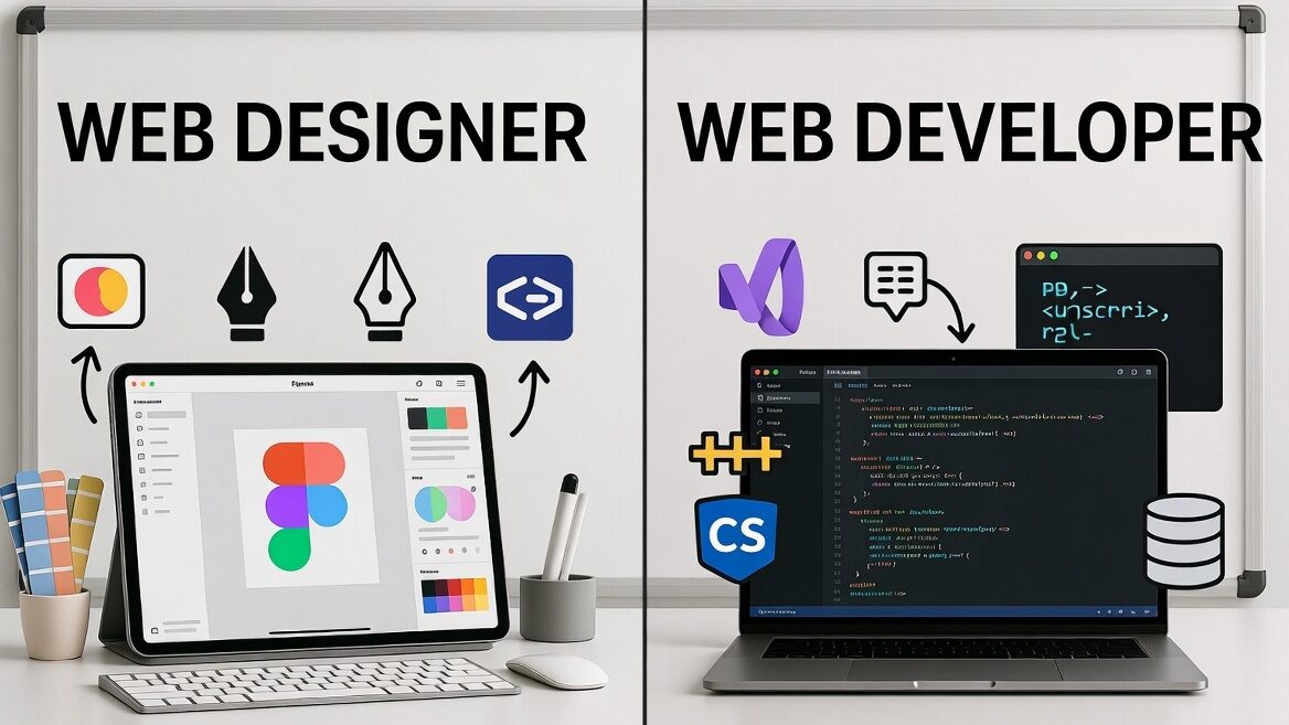 Web developer vs web designer tools side by side, code and design software