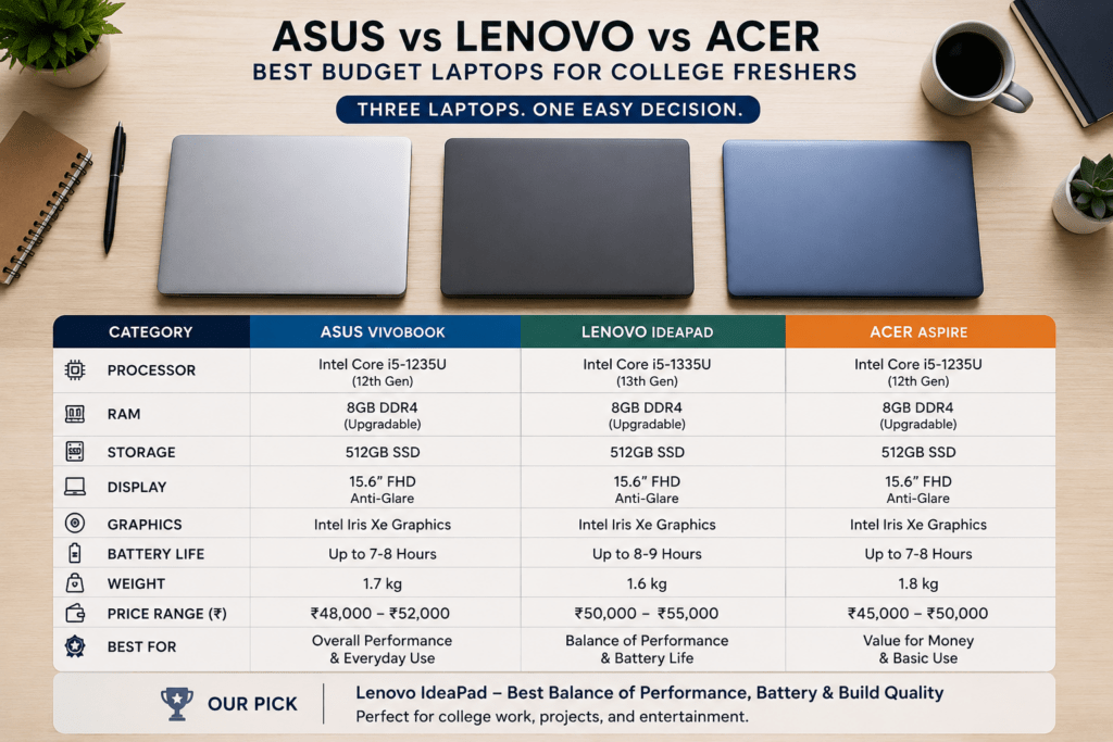 Best Laptop for College Freshers: 3 Options, 1 Easy Pick 3 Side-by-side spec comparison of budget laptops for college freshers