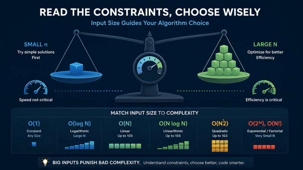 Scale illustration showing input size guiding algorithm complexity choice