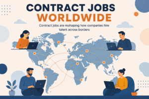 World map illustration showing global contract jobs and remote hiring connections