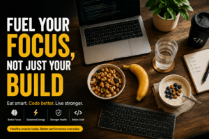 Developer snacks like nuts, fruit, and yogurt arranged next to a laptop and keyboard