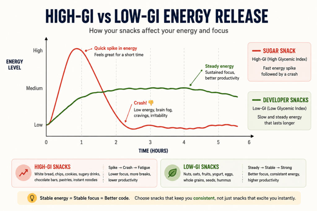 Developer Snacks: 7 Easy Ways to Beat Coding Fatigue 3 Line chart comparing a sugar spike crash versus steady developer snacks energy release