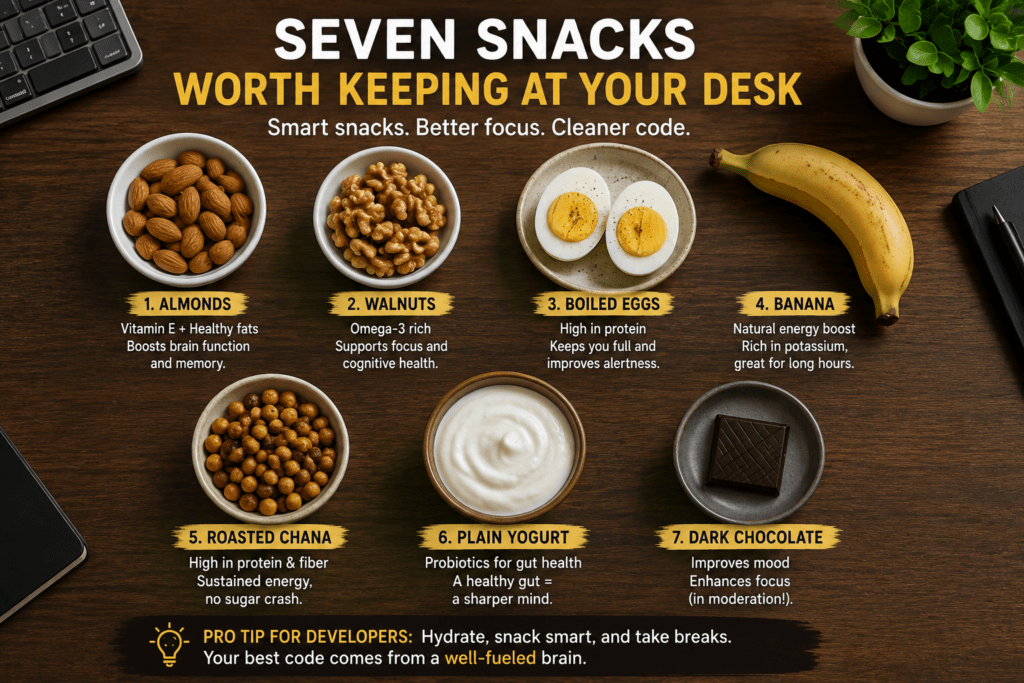 Developer Snacks: 7 Easy Ways to Beat Coding Fatigue 4 Flat lay of healthy snacks for developers: nuts, boiled eggs, fruit, and roasted chana
