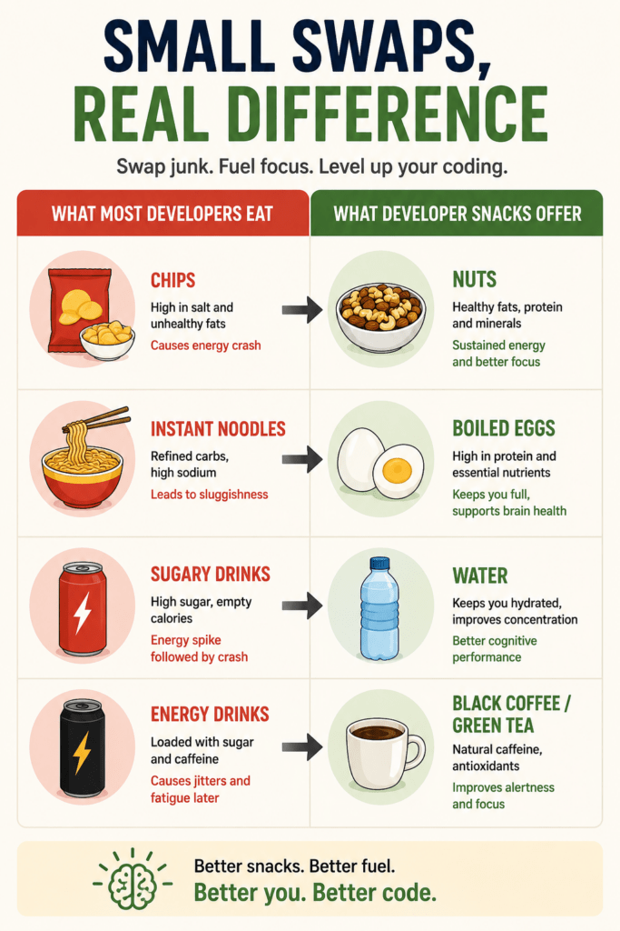 Developer Snacks: 7 Easy Ways to Beat Coding Fatigue 5 Side-by-side swap graphic: chips and soda replaced with developer snacks alternatives