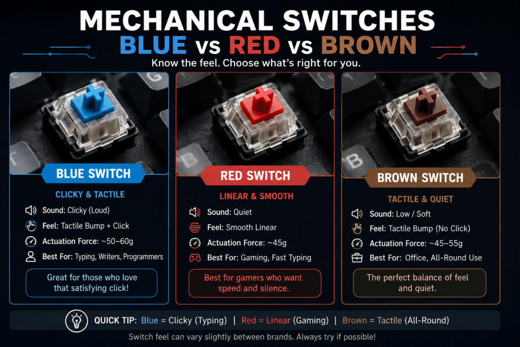 Best Budget Mechanical Keyboards in India 3 Close-up comparing Blue, Red, and Brown switches on a budget mechanical keyboard