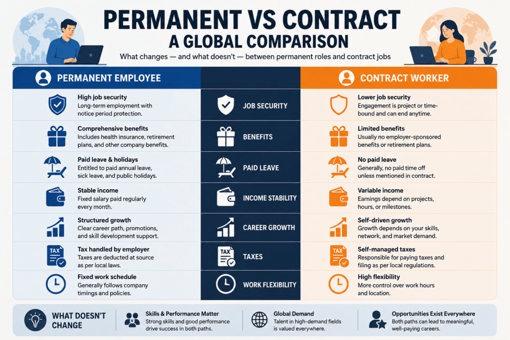 Contract Jobs Worldwide: Why They're Replacing Permanent Roles in 2026 4 Comparison chart of permanent employee and contract worker benefits worldwide