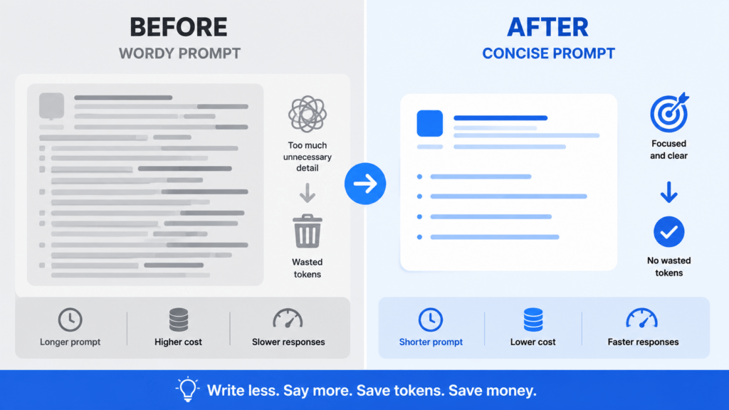 How to Optimize Prompts to Reduce Token Usage and Cut LLM Costs in 2026 3 Comparison of a wordy prompt and a concise prompt for prompt optimization