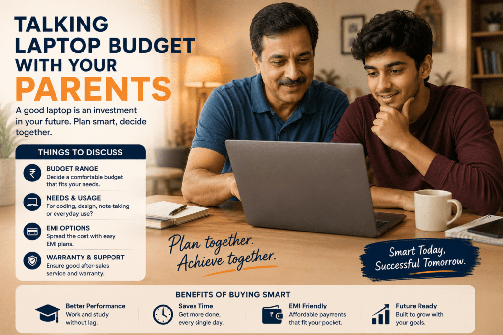 Best Laptop for College Freshers: 3 Options, 1 Easy Pick 5 Student and parent discussing laptop budget and EMI options for college