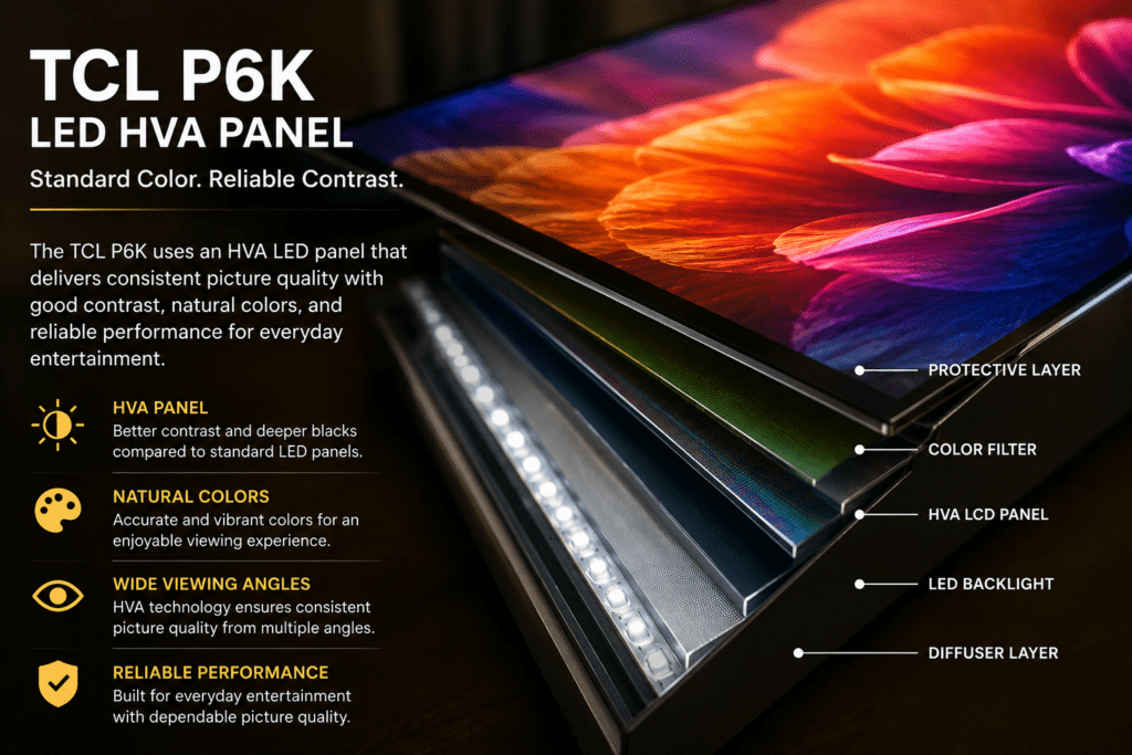 Close-up of TCL P6K LED HVA panel showing standard color and contrast 
