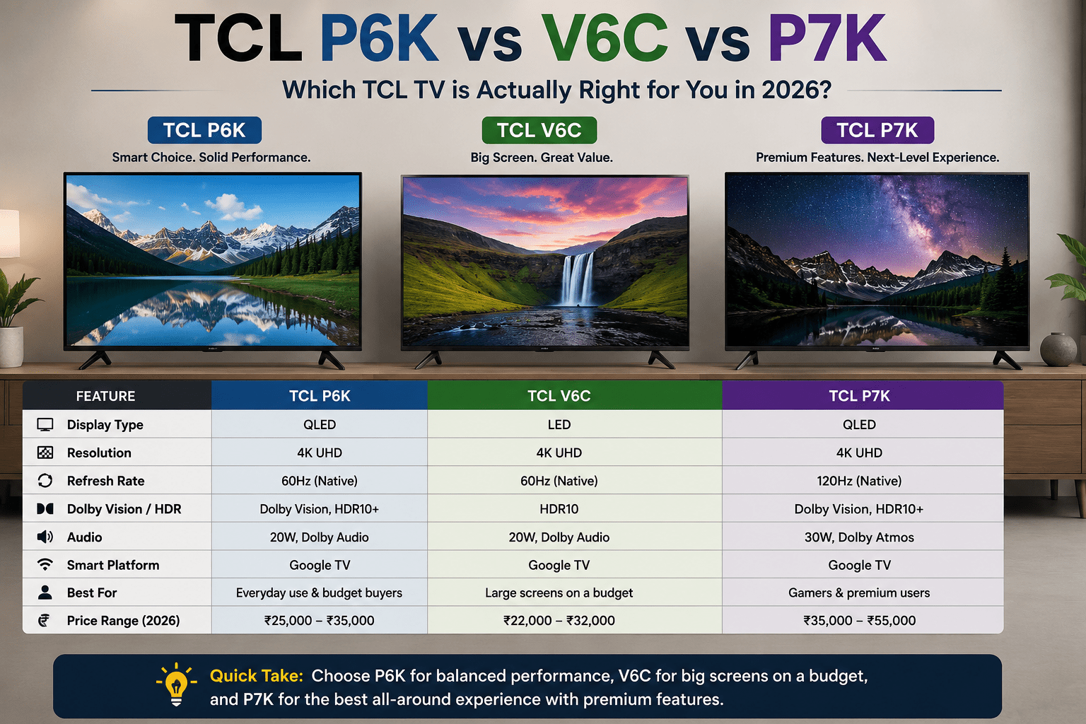 TCL P6K, V6C, and P7K smart TVs compared side by side for 2026 buyers