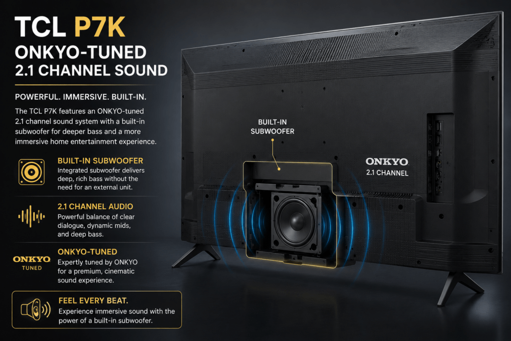 TCL P7K rear view showing ONKYO-tuned 2.1 channel subwoofer speaker setup