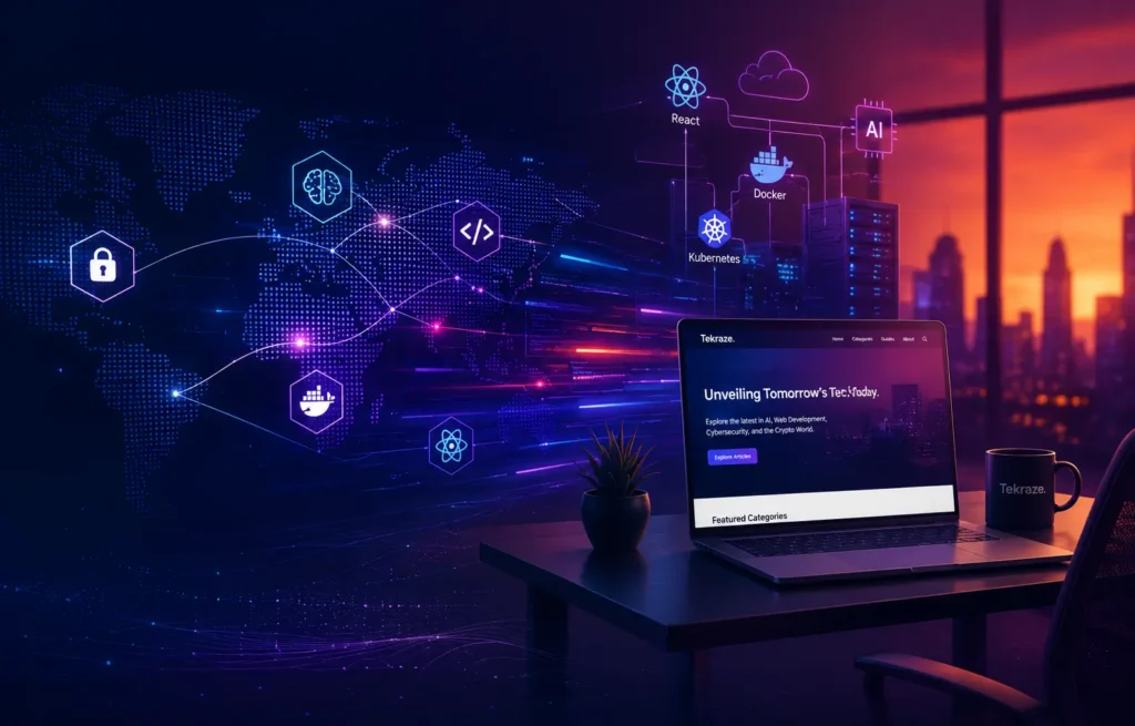 Blog 1 Futuristic technology workspace with AI, cybersecurity, cloud computing, Docker, Kubernetes, React, and global digital network visualizing modern software development for Tekraze.