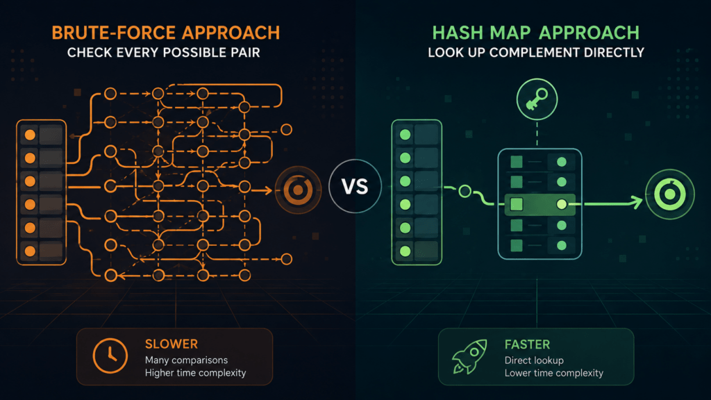 Side-by-side diagram comparing brute-force and hash map approaches to solve DSA problems