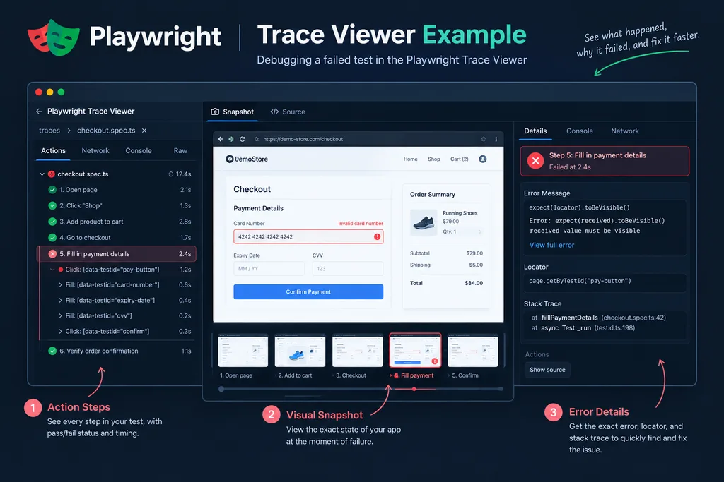 Playwright Testing: 7 Best Practices for AI-Assisted QA 4 Screenshot mockup of the Playwright testing Trace Viewer showing a failed step