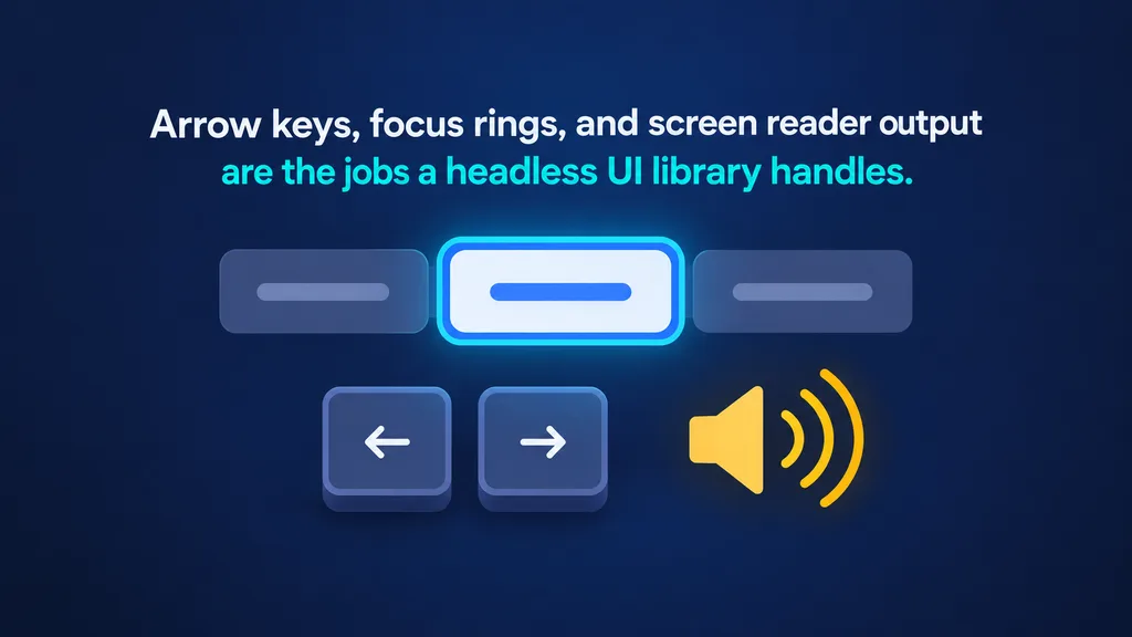 Headless UI & Accessibility: Building Behavioral Primitives 5 Illustration of headless UI accessibility jobs: arrow keys, a focus ring, and screen reader waves around tabs