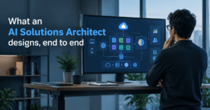AI Solutions Architect reviewing a system architecture diagram on a large screen