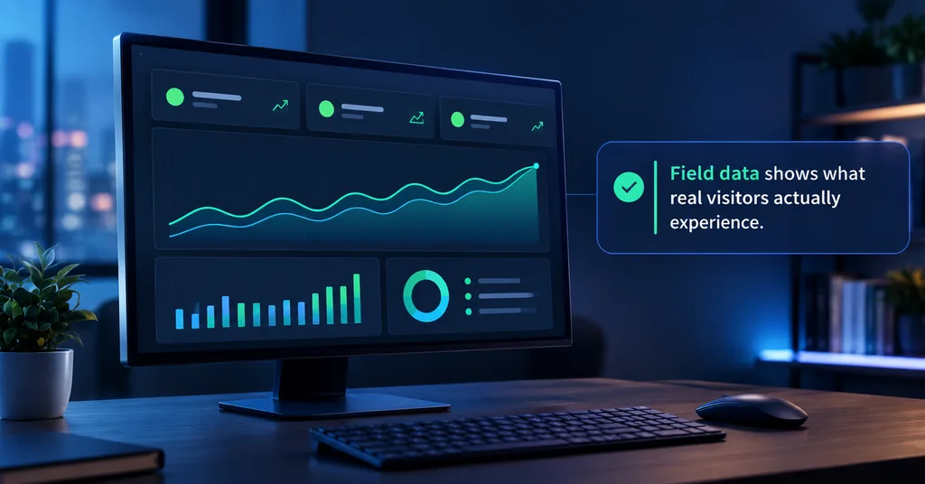 Demystifying Core Web Vitals: What Google Actually Measures 5 Performance dashboard on a monitor tracking core web vitals for a React app