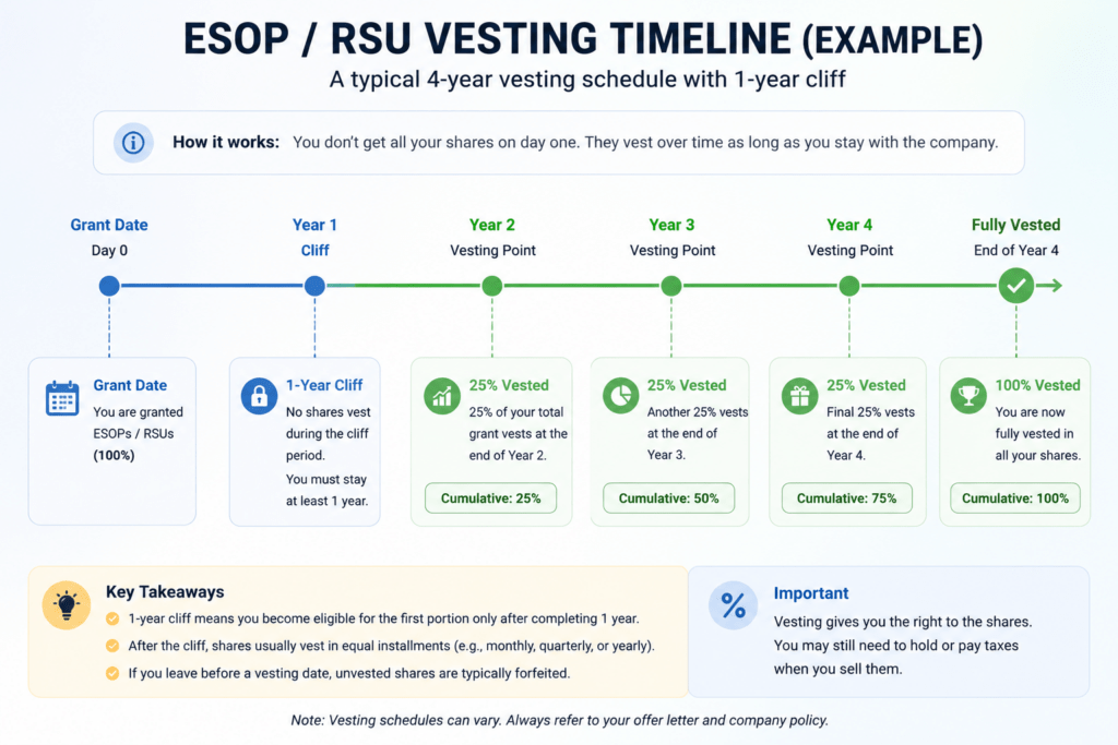 ESOP and RSU vesting timeline over four years with a one year cliff