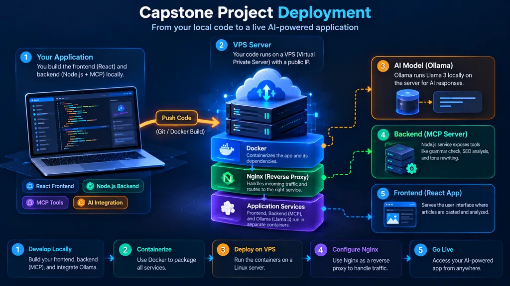 The Full-Stack AI Developer Roadmap: From REST APIs to MCP Servers in 2026 5 full stack AI developer deploying app with Docker Nginx VPS server and Ollama local model