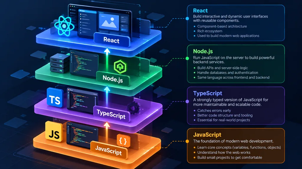 The Full-Stack AI Developer Roadmap: From REST APIs to MCP Servers in 2026 3 full stack developer prerequisites 2026 showing JavaScript TypeScript Node.js and React layers