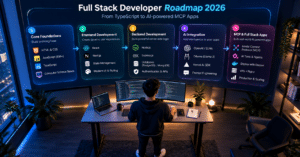 full stack developer roadmap 2026 showing phases from TypeScript to AI and MCP