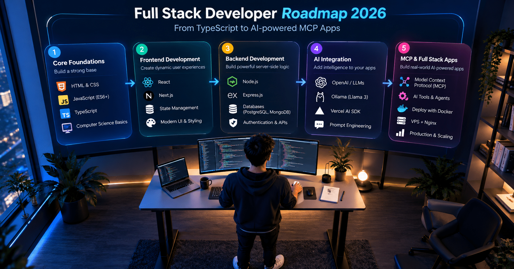 The Full-Stack AI Developer Roadmap: From REST APIs to MCP Servers in 2026 1 full stack developer roadmap 2026 showing phases from TypeScript to AI and MCP