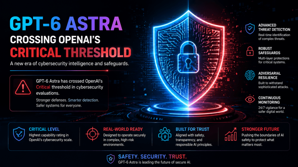 GPT-6 Astra: Everything You Need to Know About OpenAI's New Frontier Model 5 Digital shield illustration representing GPT-6 Astra crossing OpenAI's Critical cybersecurity threshold