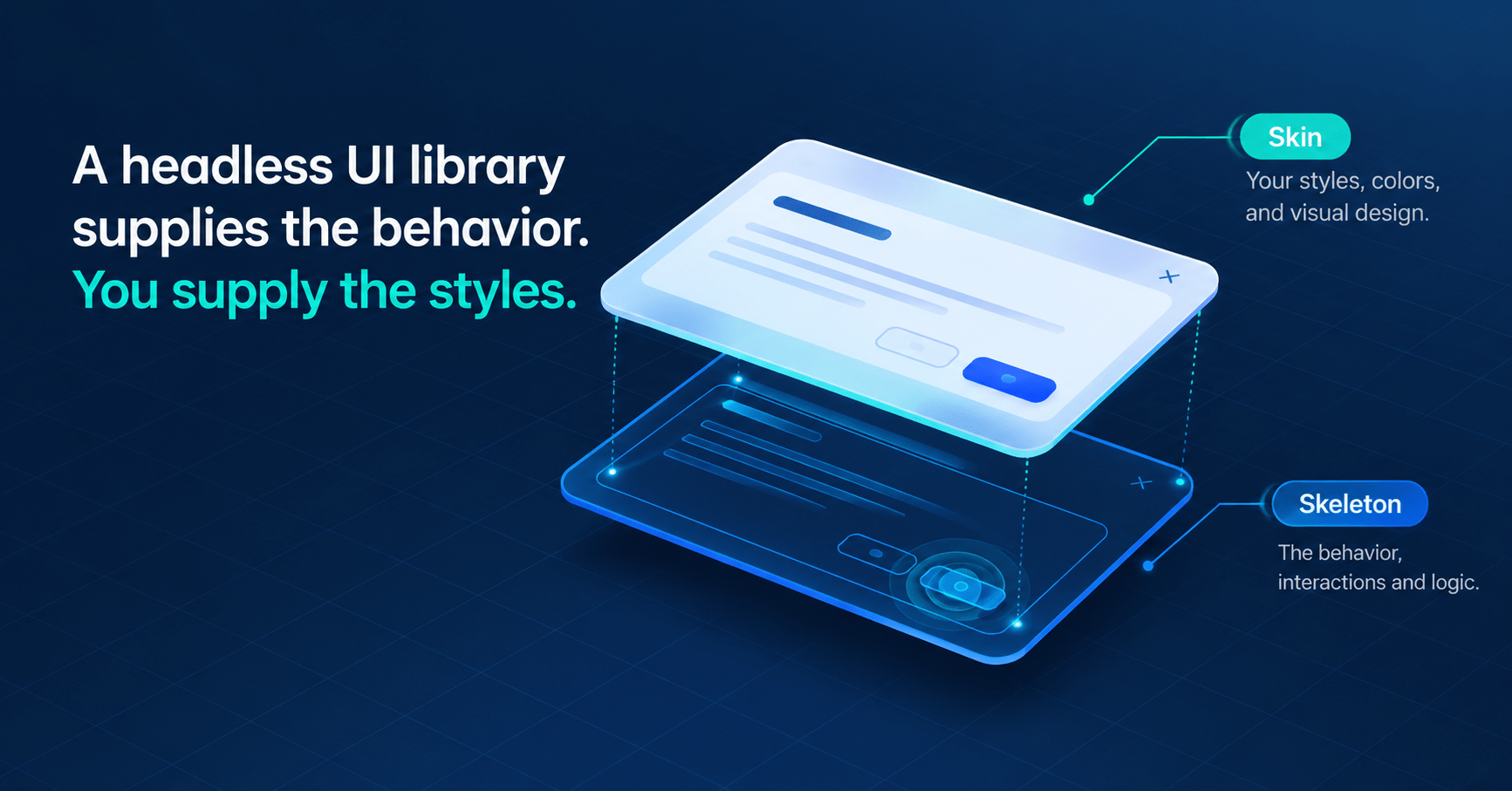 Headless UI & Accessibility: Building Behavioral Primitives 1 Illustration of a headless UI component split into a functional skeleton layer and a styled skin layer
