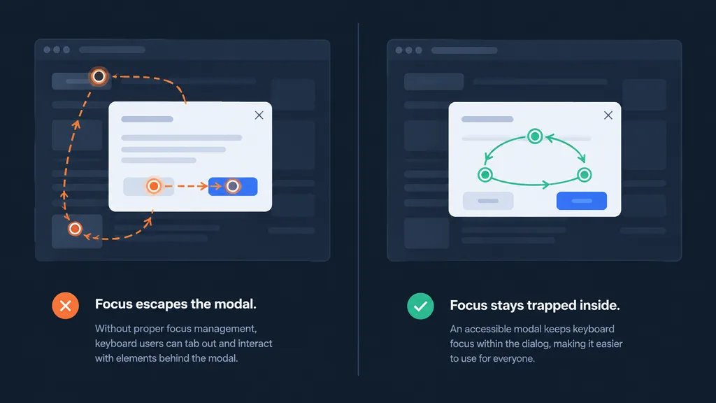 Headless UI & Accessibility: Building Behavioral Primitives 3 Diagram comparing keyboard focus leaking out of a naive modal versus staying inside an accessible headless UI modal