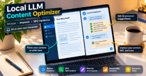 Laptop showing a local LLM app that analyzes a blog draft beside a chat panel