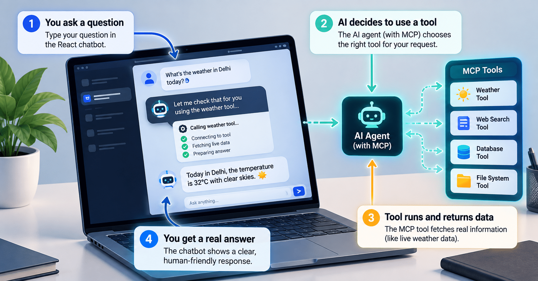 Frontend Integration: Building Context-Aware React UIs with MCP and Vercel AI (Part 4) 1 React AI chatbot interface streaming a weather answer from an MCP tool