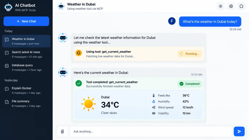 Frontend Integration: Building Context-Aware React UIs with MCP and Vercel AI (Part 4) 3 React AI chatbot UI showing amber tool-running and green tool-completed badges