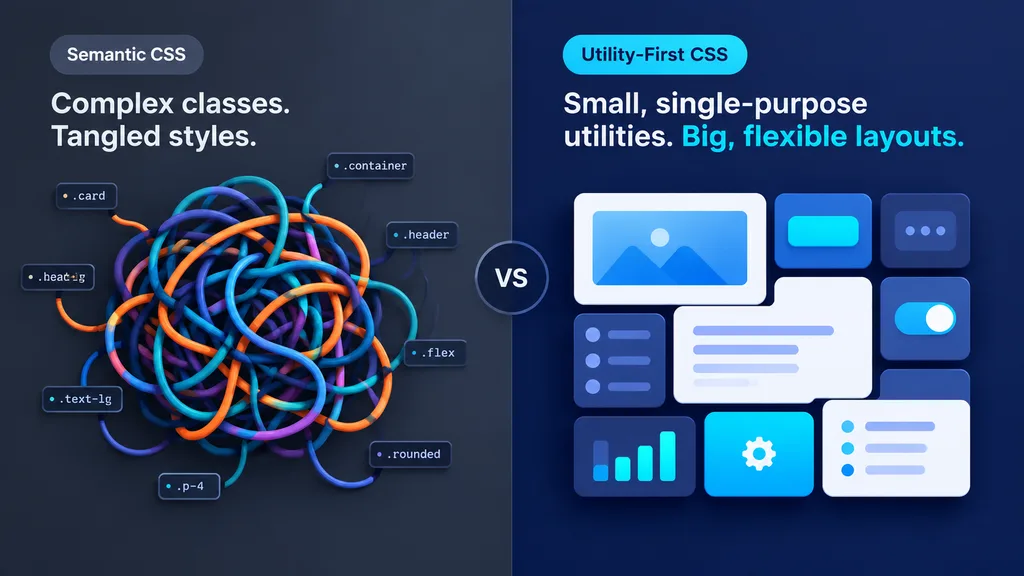 Utility-First CSS with Tailwind v4: Mental Models and Avoiding Spaghetti Classes 3 Utility-first CSS versus semantic CSS: tangled cables beside neatly interlocking geometric tiles