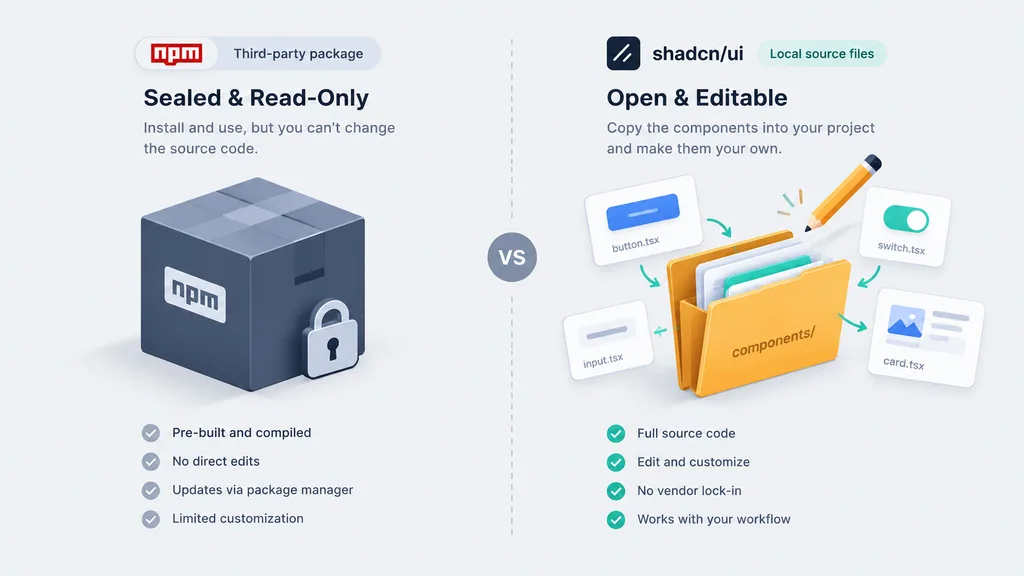 Building a Design System with Shadcn UI: Ownership Over Installation 3 Shadcn ui vs npm library: a sealed package on one side, an open editable component folder on the other