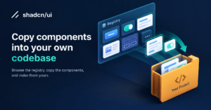 Text: Shadcn UI concept: a developer copying component blocks from a registry into a project folder