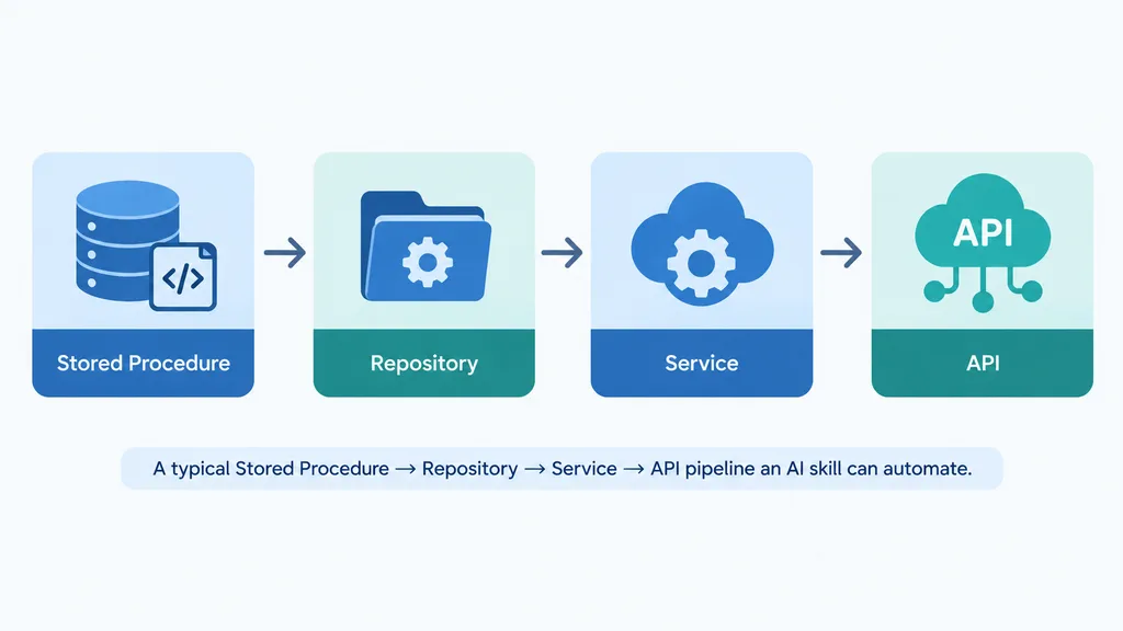 Why Every Company Is Moving Toward AI: How Copilots, Claude, Codex and AI Skills Are Changing Everyday Work 4 Diagram of an AI-native engineer's stored procedure to API pipeline
