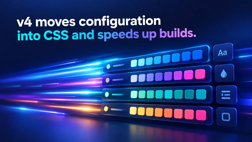 Utility-First CSS with Tailwind v4: Mental Models and Avoiding Spaghetti Classes 4 Tailwind v4 speed for utility-first CSS: light streaks flowing past rows of colorful design tokens