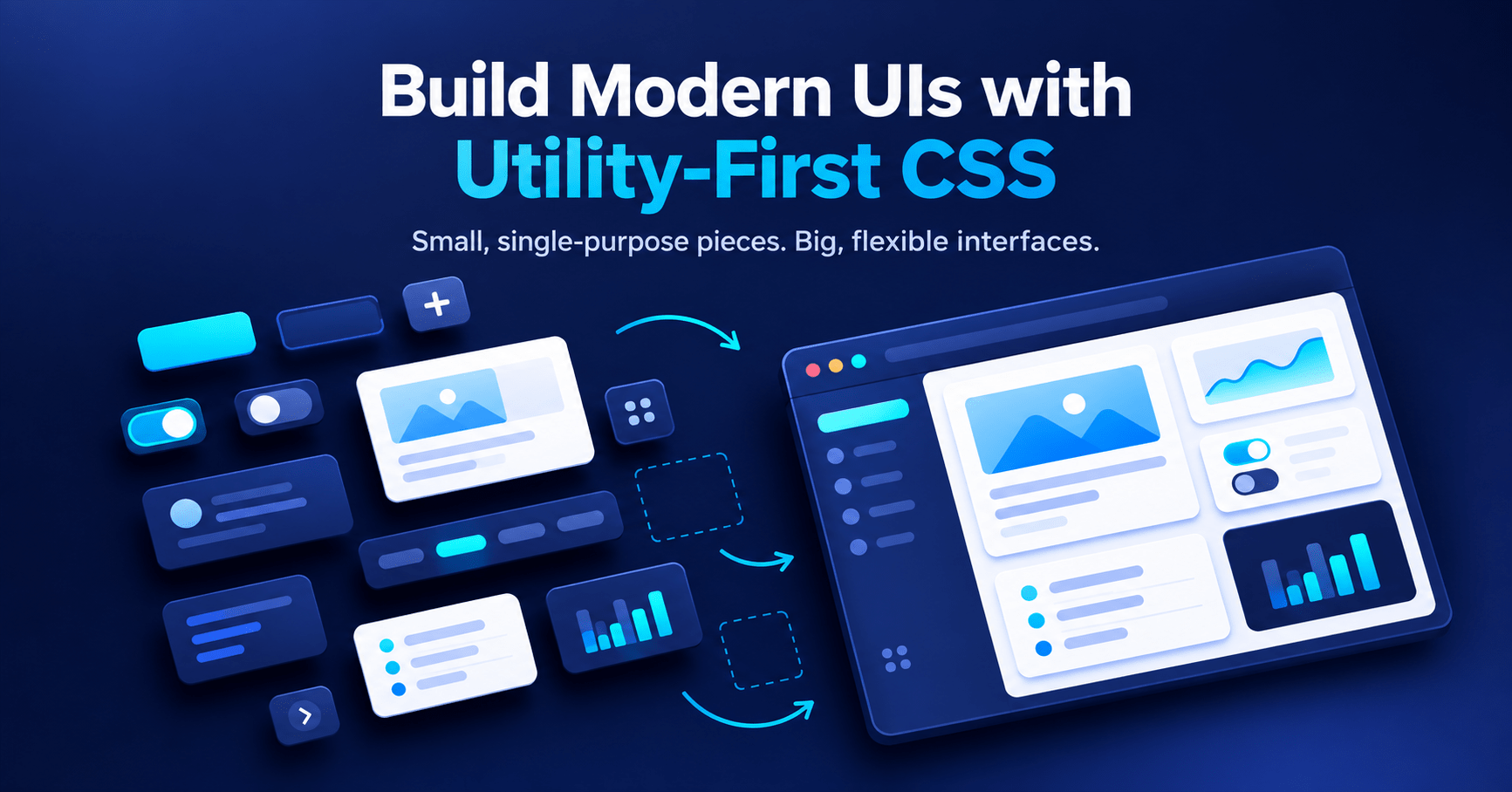 Utility-First CSS with Tailwind v4: Mental Models and Avoiding Spaghetti Classes 1 tility-first CSS concept: modular interface blocks assembled into a clean layout on a dark indigo background