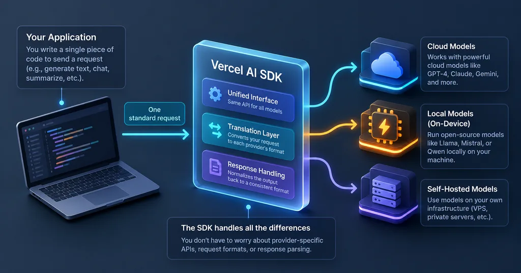 Vercel AI SDK: Run AI Models Free, Cloud or Local (Part 2) 3 Vercel AI SDK translation layer between an app and multiple AI providers
