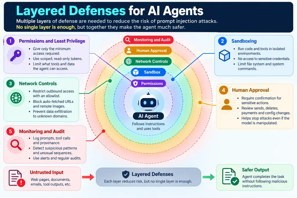 Prompt Injection Attack O n AI Agents 6 Layered prompt injection defenses around an AI agent: permissions, sandbox, egress limits, approvals