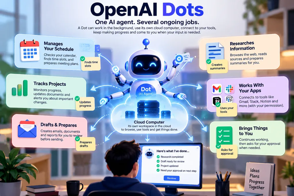 OpenAI Dots Explained: How They Work + 5 Best Uses 4 How OpenAI Dots work: user, Dot, cloud computer, connected apps, results and approval