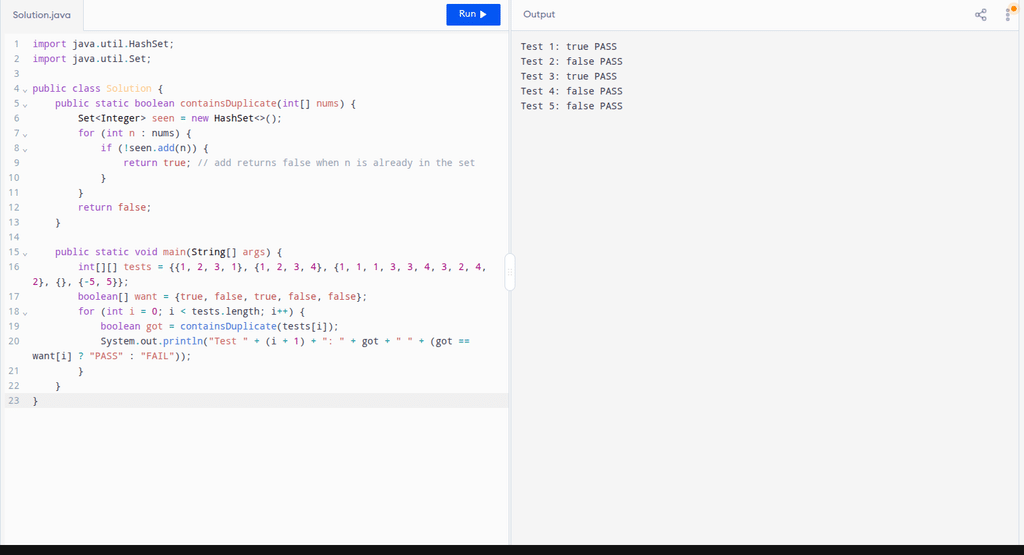 DSA Series Day 3: Contains Duplicate in Java, Python and Rust 5 Contains Duplicate Java, Python and Rust test output with all five tests passing