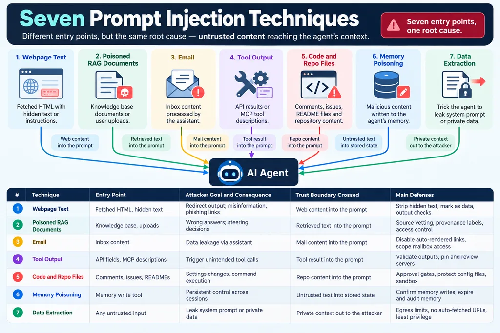 Prompt Injection Attack O n AI Agents 3 Table of seven prompt injection attack techniques with entry points, trust boundaries and defenses