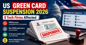 Editorial illustration of immigration paperwork beside a laptop for the US Green Card Suspension 2026
