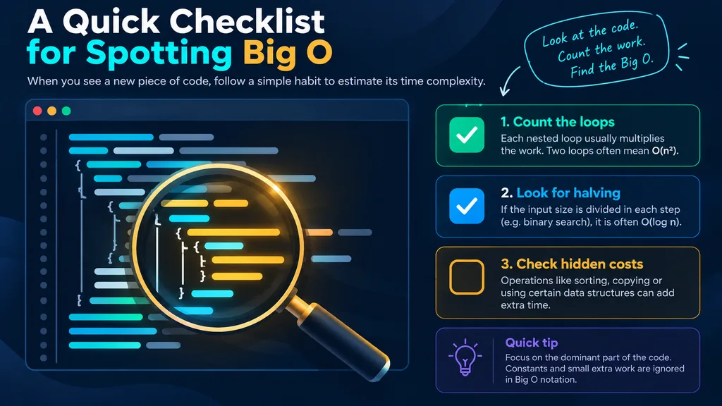 DSA Series Helper: Time and Space Complexity Explained Simply (With Java, Python and Rust Examples) 6 Abstract checklist and magnifying glass over code lines for spotting Big O notation