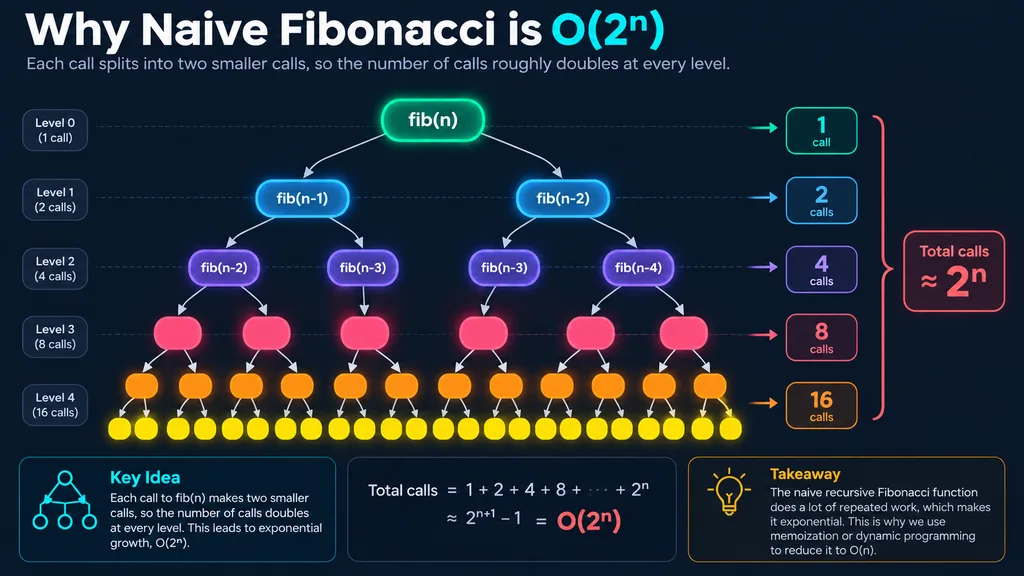 DSA Series Helper: Time and Space Complexity Explained Simply (With Java, Python and Rust Examples) 4 Binary recursion tree showing why Big O notation grows exponentially for Fibonacci