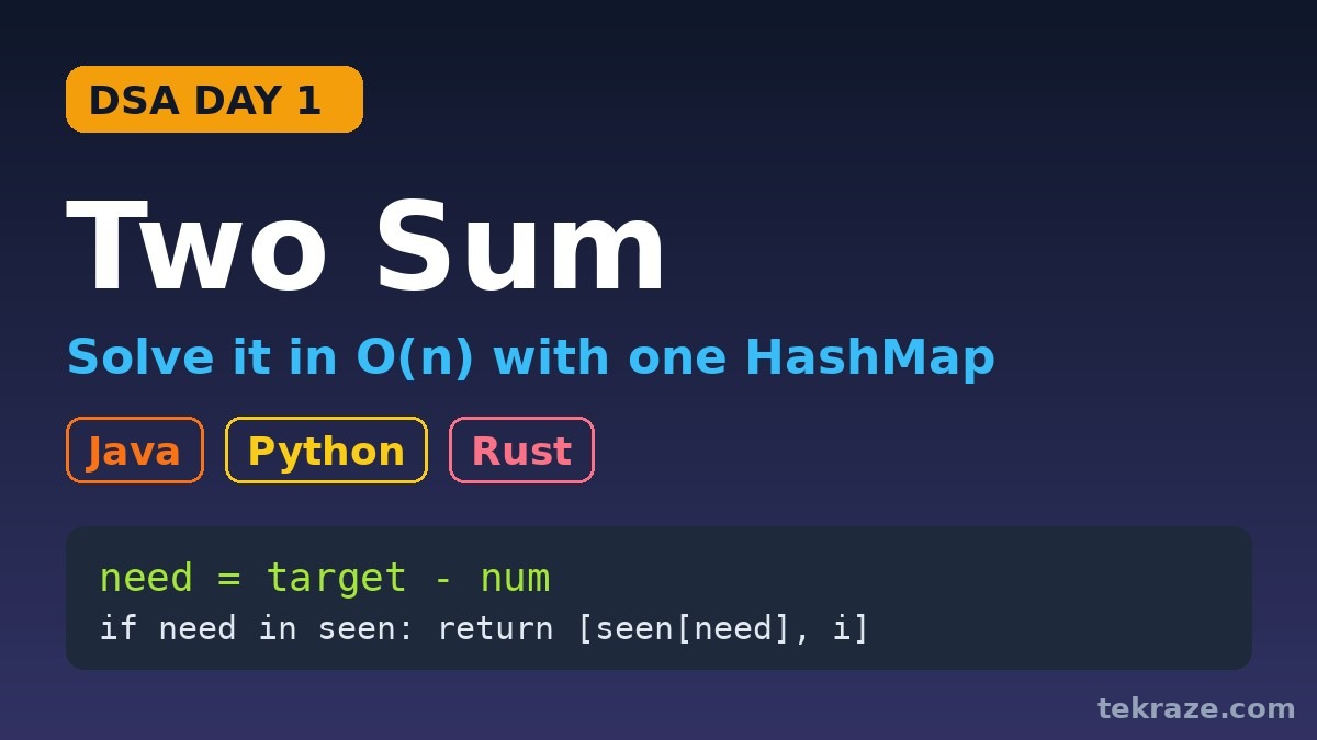 DSA Series Day 1: Two Sum in Java, Python and Rust 1 DSA Series Day 1 Two Sum in Java, Python and Rust